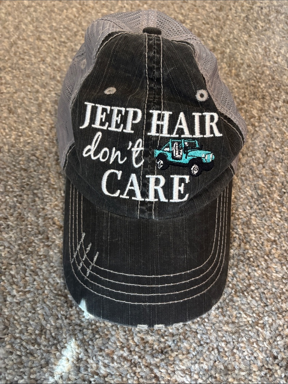 Jeep Hair Don't Care Distressed Black & Gray Trucker Cap with Teal Accent